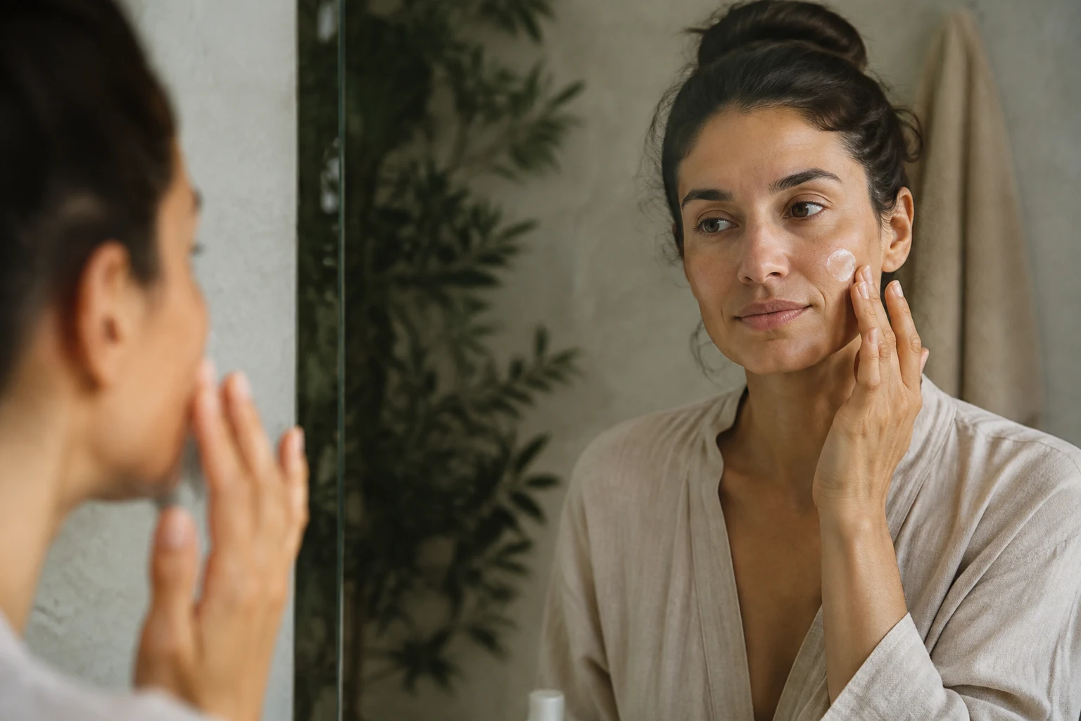 Woman applying moisturizer beside her bathroom mirror